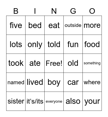 Sight Words Bingo Card