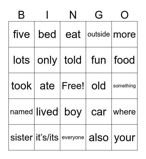 Sight Words Bingo Card