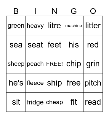 VOWEL SOUNDS /i:/ and /ɪ/ Bingo Card