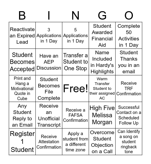 SNHU Admission Bingo Card