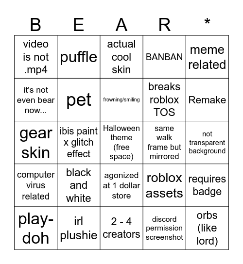 Bear Halloween submissions Bingo Card