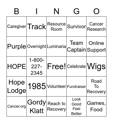 Relay For Life Bingo Card