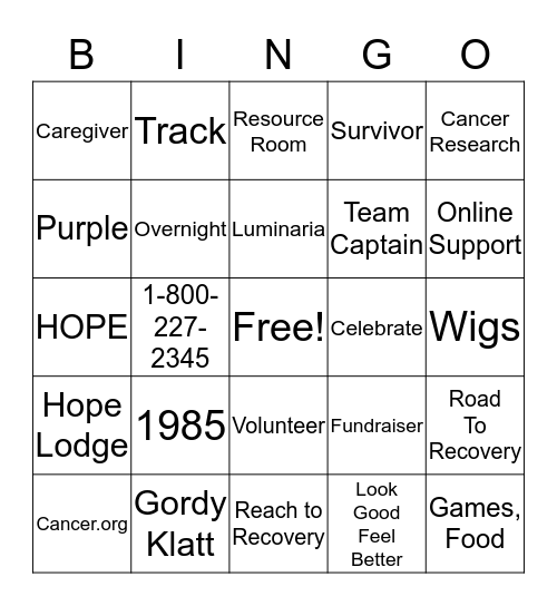 Relay For Life Bingo Card