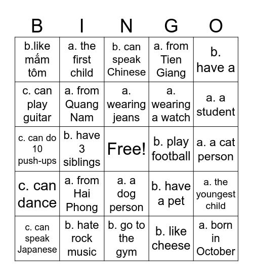 Get to know me Bingo Card