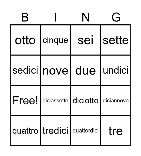 Italian Numbers 1-20 Bingo Card