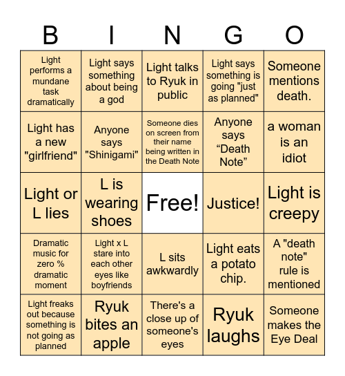 Deathnote watch party Bingo Card