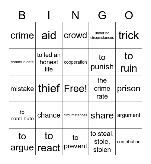 social behaviour, crime Bingo Card