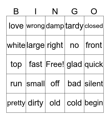 Match the Antonym and Synonym Bingo Card