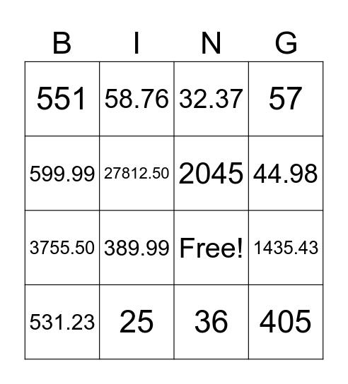Consumer Math Bingo Card