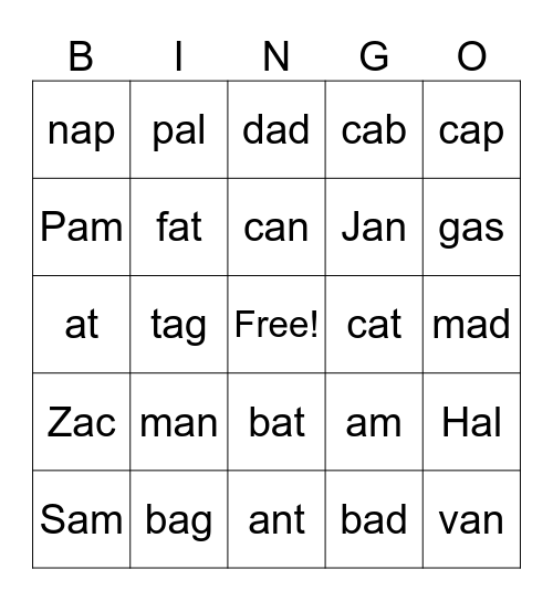 Short a Bingo Card