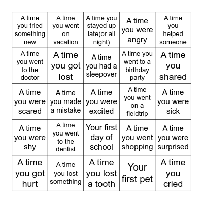 Personal Narrative Writing Prompts Bingo Card