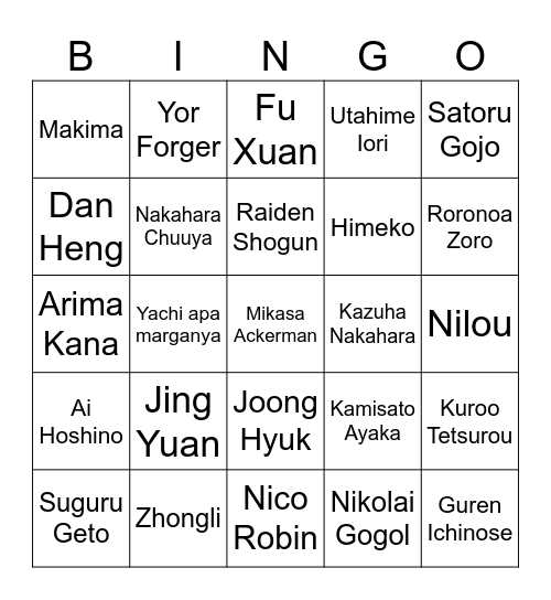 SlothChuuya Bingo Card