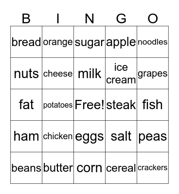 Nutrition Bingo Card