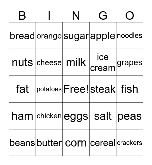 Nutrition Bingo Card