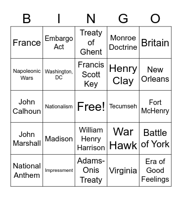 War of 1812 Bingo Card