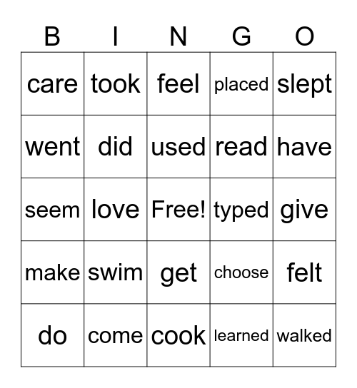 Present and Past tense verbs Bingo Card