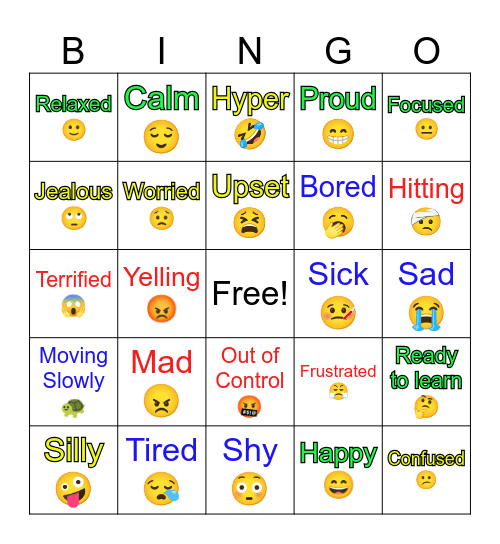 Zones of Regulations Bingo Card