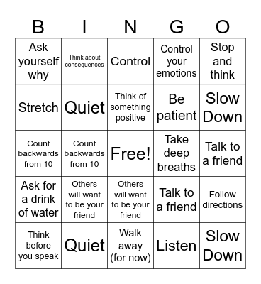 Self Control Bingo Card