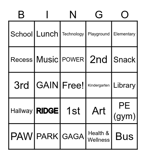 Ridge Park Elementary BINGO Card