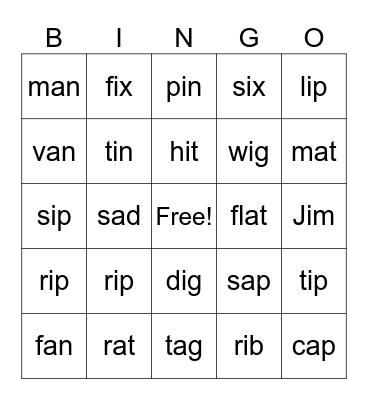 Short a and i Bingo Card