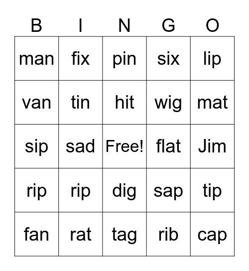 Short a and i Bingo Card