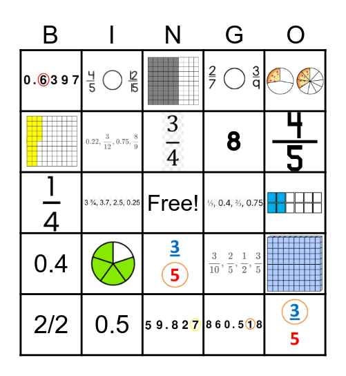 Decimal and Fraction Bingo Card