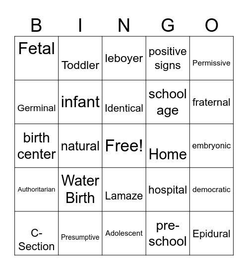 child department  Bingo Card