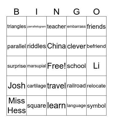 Vocabulary Bingo Card