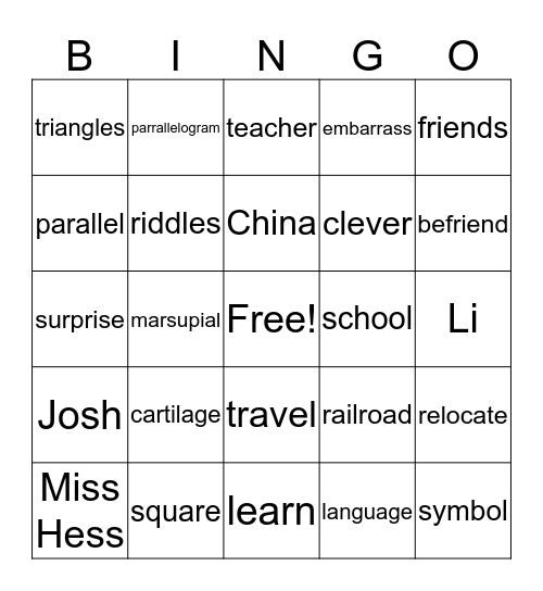 Vocabulary Bingo Card