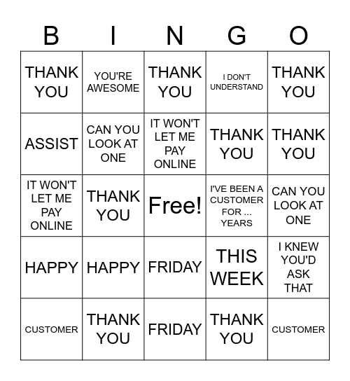 Customer Service BINGO Card