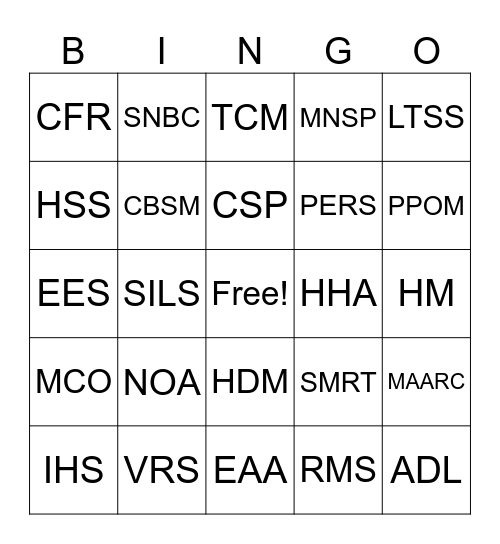 Acronym Bingo Card