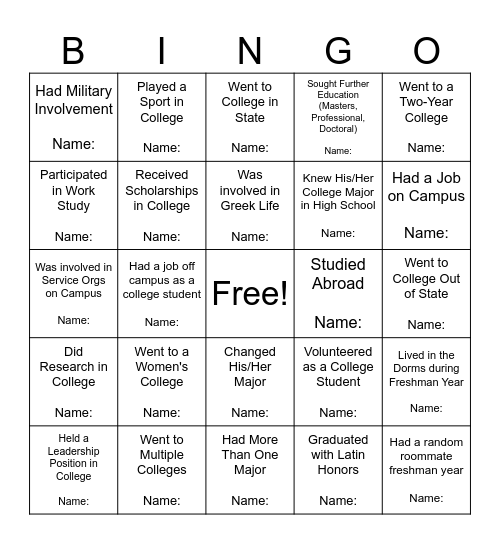 College Week Bingo Card