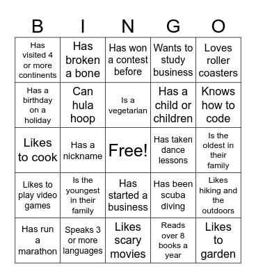 Get to know you Bingo Card