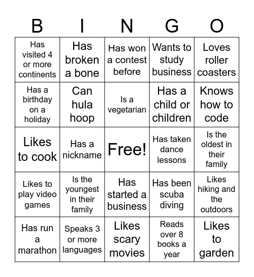 Get to know you Bingo Card