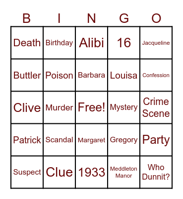 Murder Mystery Bingo Card