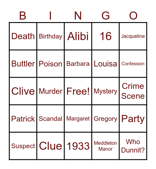 Murder Mystery Bingo Card