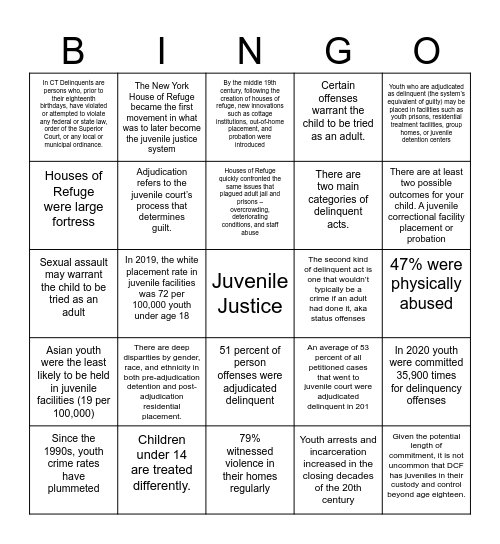 Juvenile Justice Bingo Card