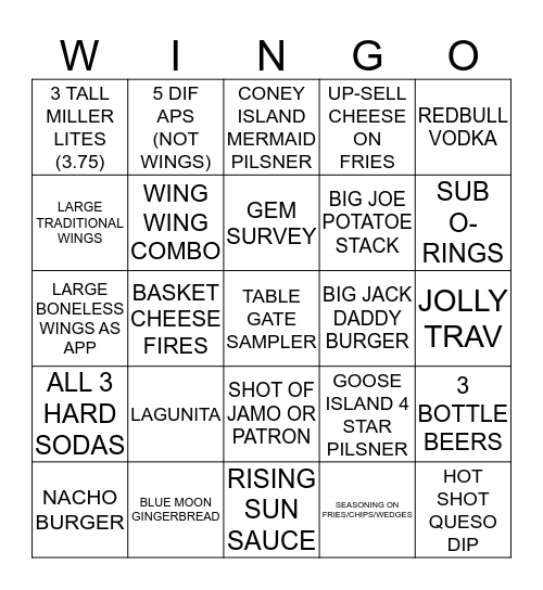 $$ BWW WINGOOOO!!!!!!!!!!!! $$ Bingo Card