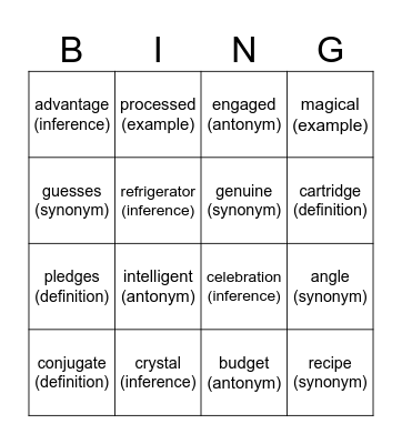 Lesson 2 Vocabulary Bingo Card