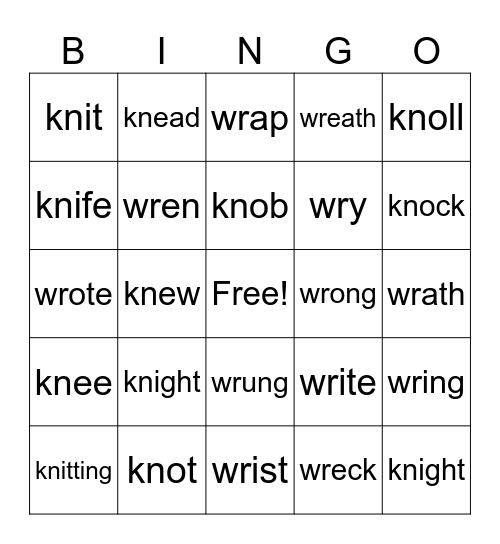 Kn and Wr Words Bingo Card