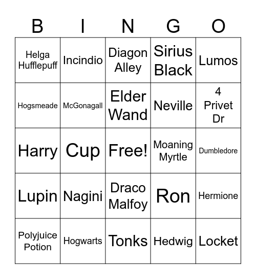 Hogwarts Bingo Card