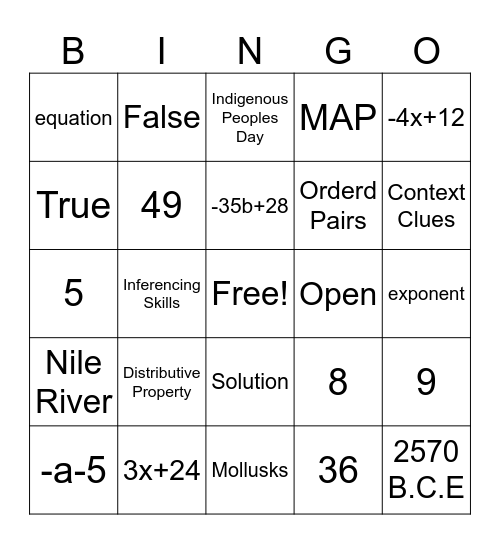 Math Bingo 10-6-23 Bingo Card