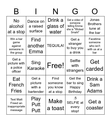 Emma's 21st Birthday Bar Crawl Bingo Card