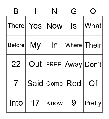 Sight Words Bingo Card