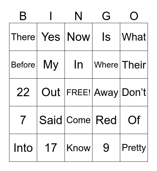 Sight Words Bingo Card
