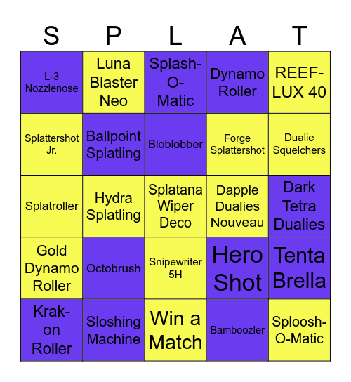 Splatoon Weapon Win Bingo Card