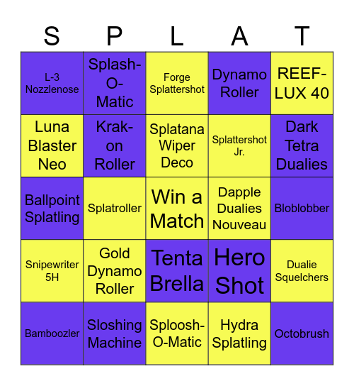 Splatoon Weapon Win Bingo Card