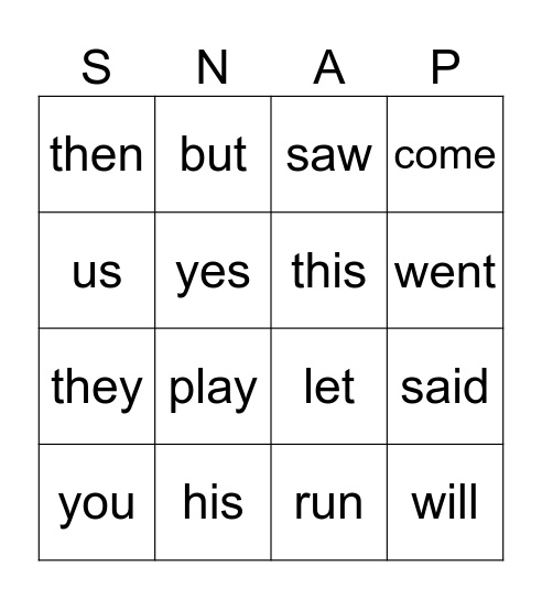 Unit 1 SNAP Words Bingo Card