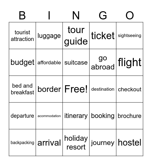 Vocabulary travel Bingo Card