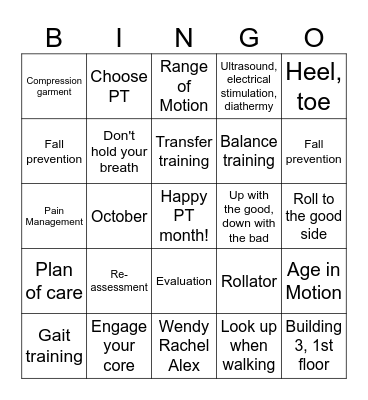 Physical Therapy Bingo Card